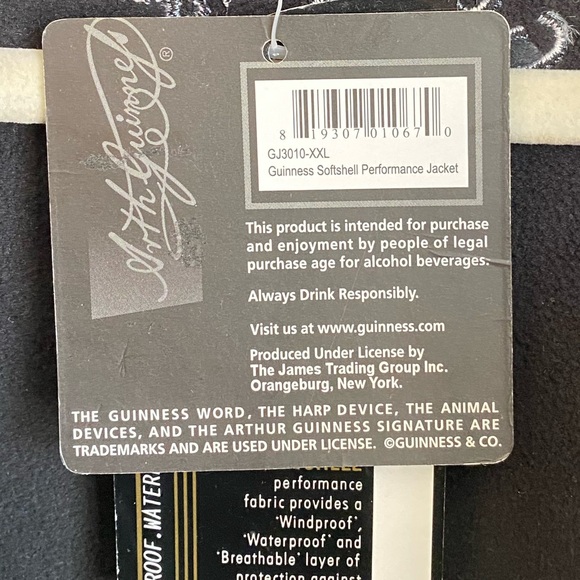NWT Guinness Official Performance Soft Shell Fleece Jacket Coat 2XL Gift - Picture 9 of 9